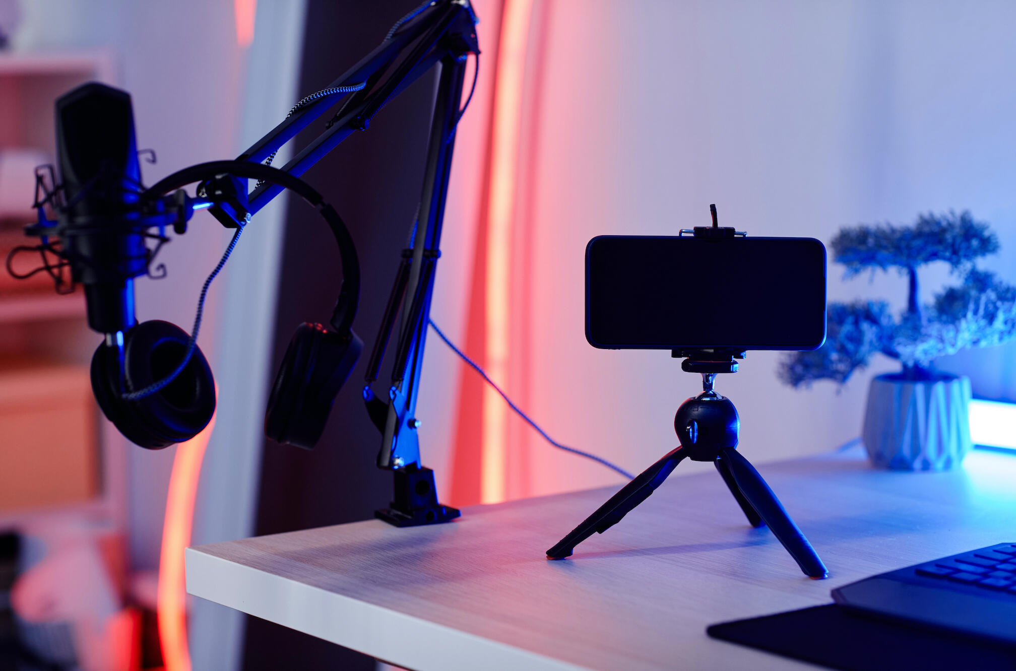 camera on tripod and microphone cam studio setup